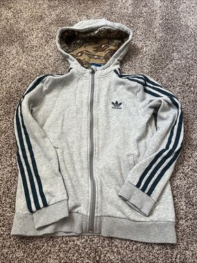 adidas Boy’s Light Gray Hoodie with Navy Three-Stripes